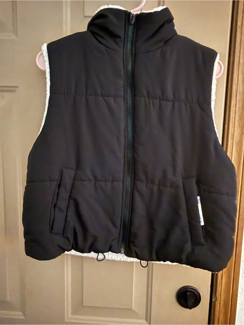 No Boundaries Black Puffer Vest with White Sherpa Trim
